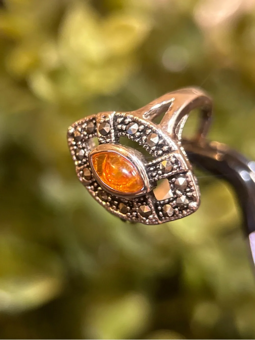Silver Colored Amber Marquise Ring - Orange‎ Gemstone